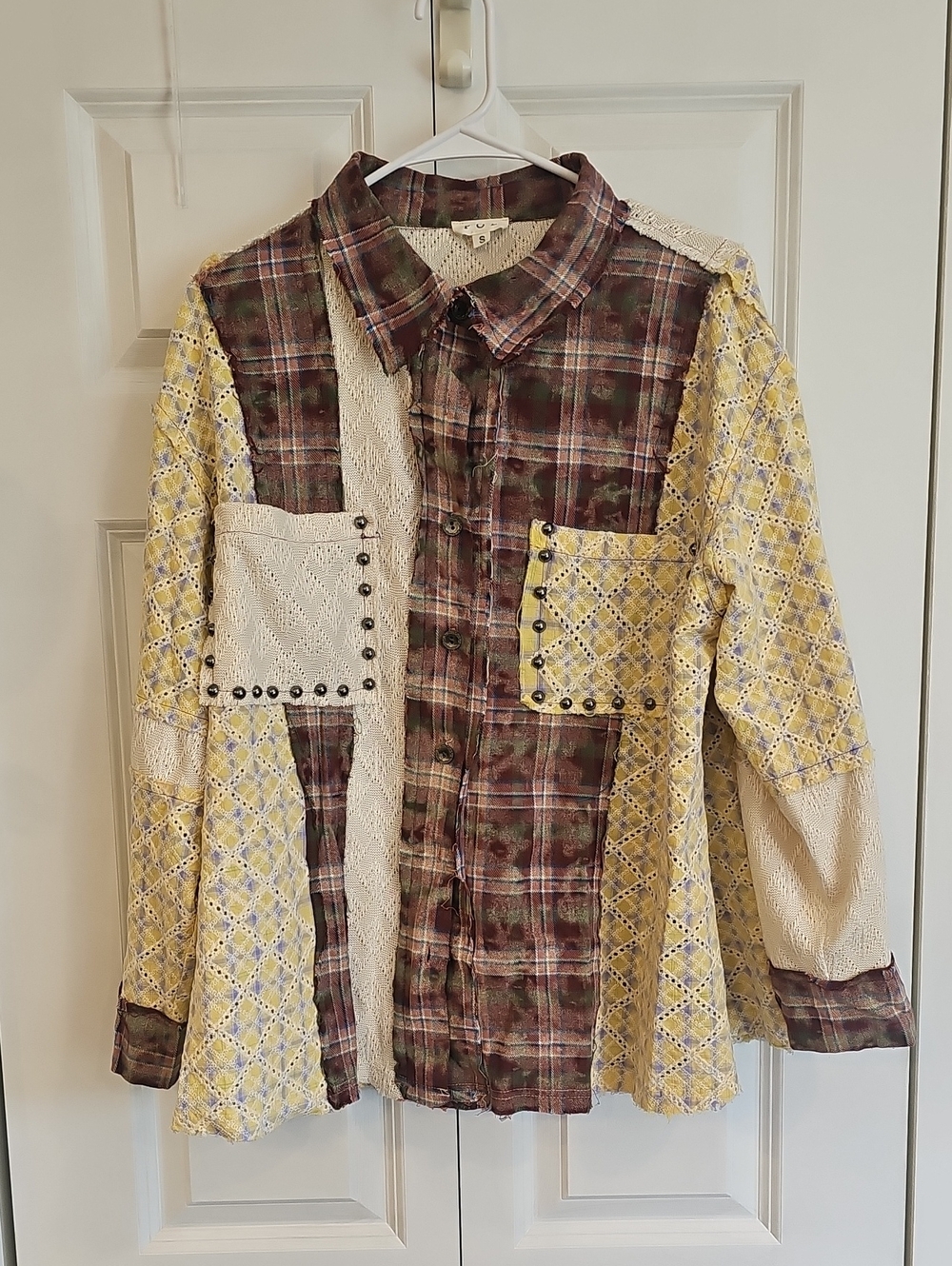 POL Mixed Plaid and Lace Button-Down Shirt in Brown, Yellow, Cream